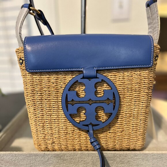 NWT TORY BURCH MILLER STRAW CROSSBODY BAG REGAL BLUE - Picture 1 of 2
